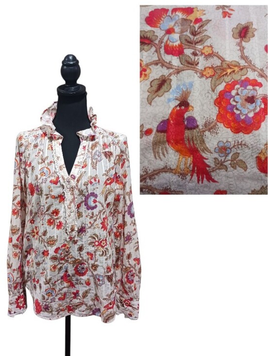 Sundance Tops - Sundance Ruffle Collar Floral Pheasant Relaxed Blouse Lace Trim